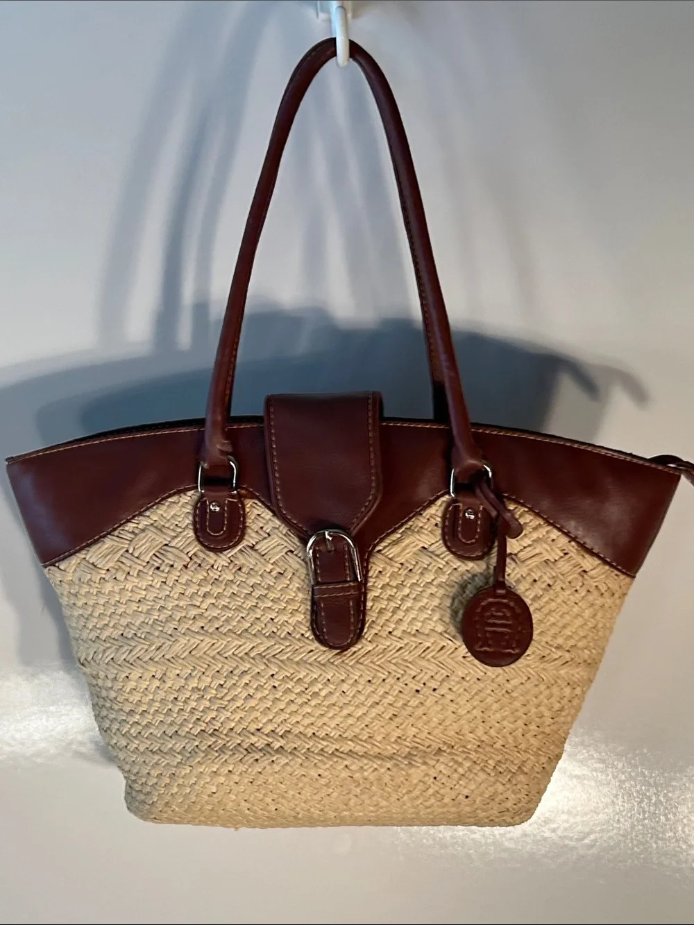 Etienne Aigner Woven Straw Bag Brown Trim Resort Timeless Cottage Coastal